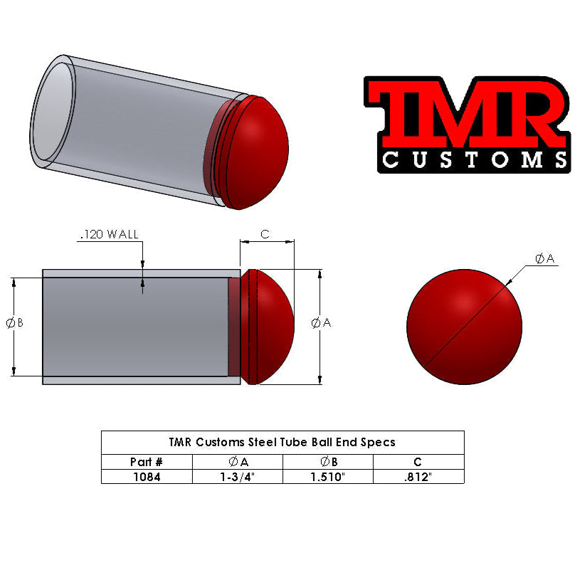 Weld In Steel Tube Caps - Ball End
