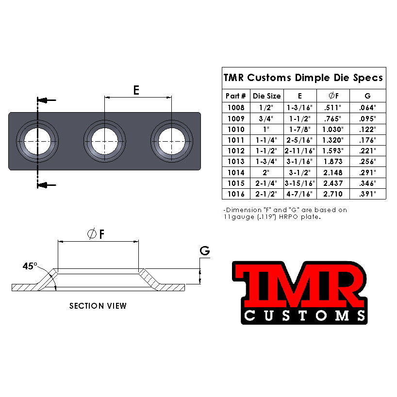 Technical drawing of a metal component with dimensions and TMR Customs branding.